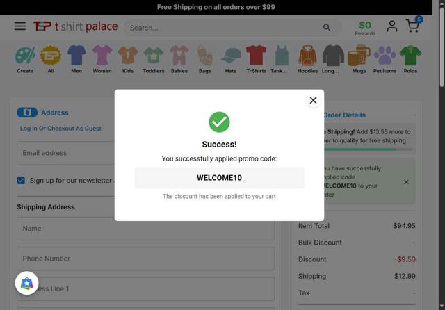 TeeShirtPalace checkout page showing TeeShirtPalace discount code box | Screenshot taken by SimplyCodes community member on Aug 26, 2025