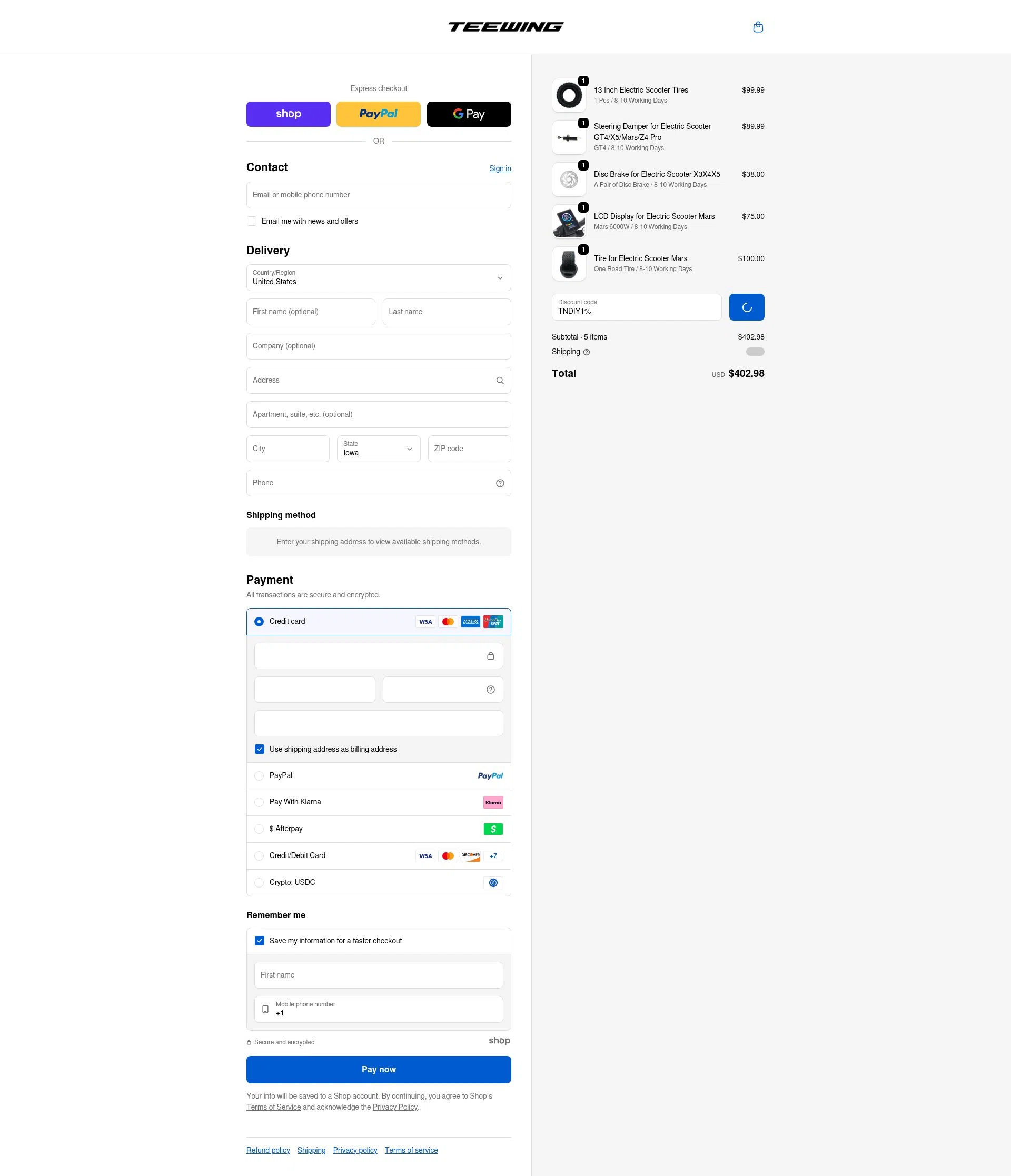 Teewing checkout page showing Teewing discount code box | Screenshot taken by SimplyCodes community member on Jan 8, 2026