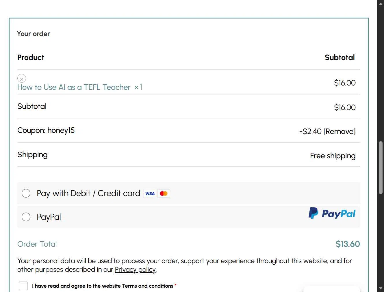 TEFL Institute checkout page showing TEFL Institute promo code box | Screenshot taken by SimplyCodes community member on Nov 20, 2025