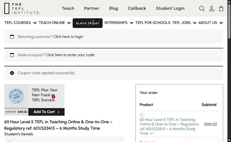 TEFL Institute checkout page showing TEFL Institute promo code box | Screenshot taken by SimplyCodes community member on Nov 20, 2025