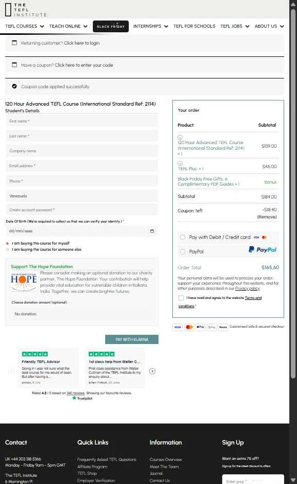 TEFL Institute checkout page showing TEFL Institute promo code box | Screenshot taken by SimplyCodes community member on Nov 12, 2025