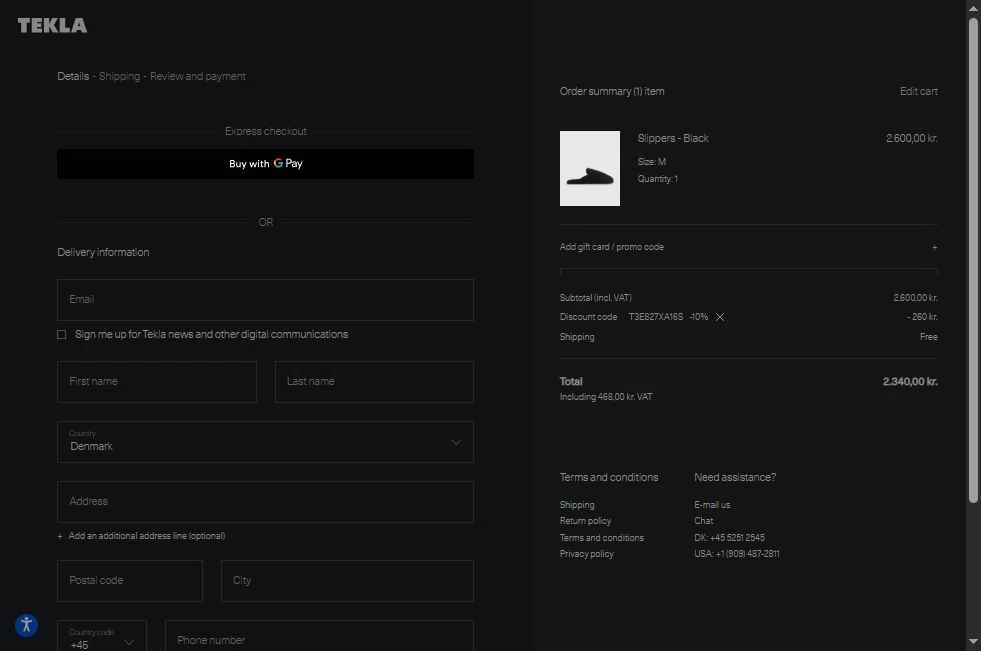 Tekla Fabrics checkout page showing Tekla Fabrics promo code box | Screenshot taken by SimplyCodes community member on Jan 14, 2026