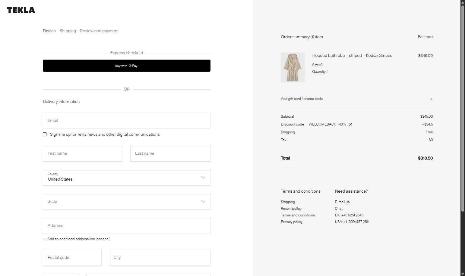 Tekla Fabrics checkout page showing Tekla Fabrics promo code box | Screenshot taken by SimplyCodes community member on Jan 13, 2026