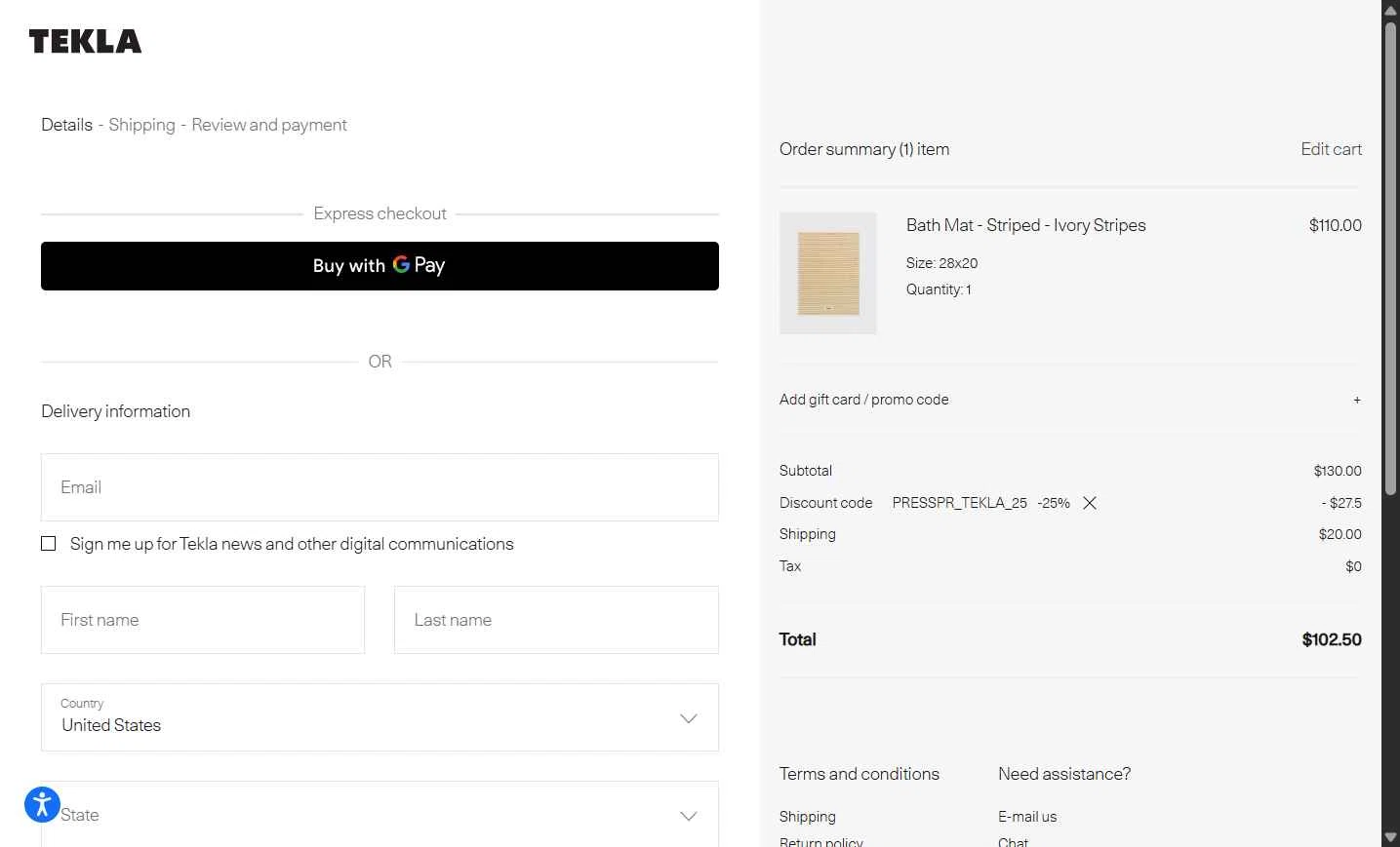 Tekla Fabrics checkout page showing Tekla Fabrics promo code box | Screenshot taken by SimplyCodes community member on Jan 14, 2026