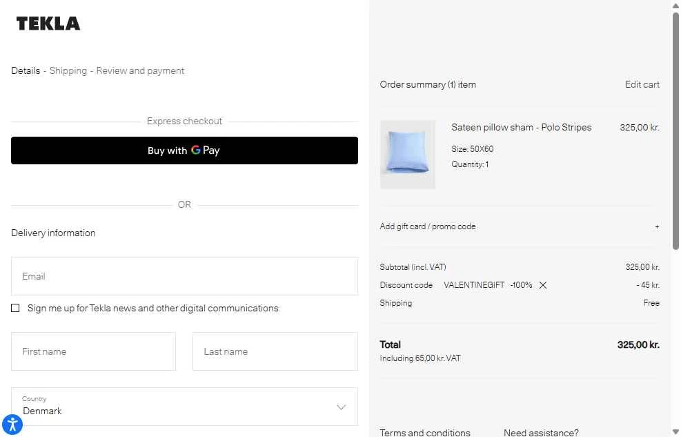 Tekla Fabrics checkout page showing Tekla Fabrics promo code box | Screenshot taken by SimplyCodes community member on Feb 4, 2026