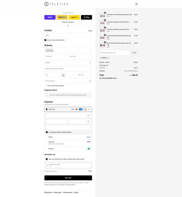 Teleties checkout page showing Teleties coupon code box | Screenshot taken by SimplyCodes community member on Aug 31, 2025
