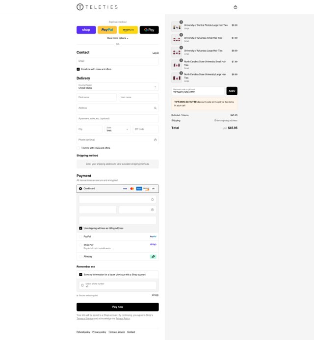 Teleties checkout page showing Teleties coupon code box | Screenshot taken by SimplyCodes community member on Aug 31, 2025