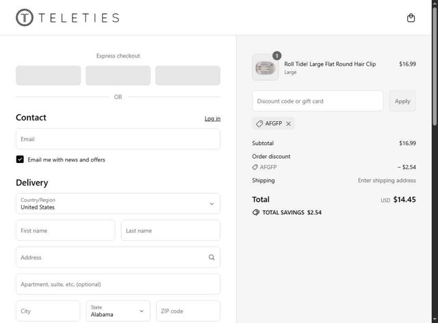 Teleties checkout page showing Teleties coupon code box | Screenshot taken by SimplyCodes community member on Aug 31, 2025
