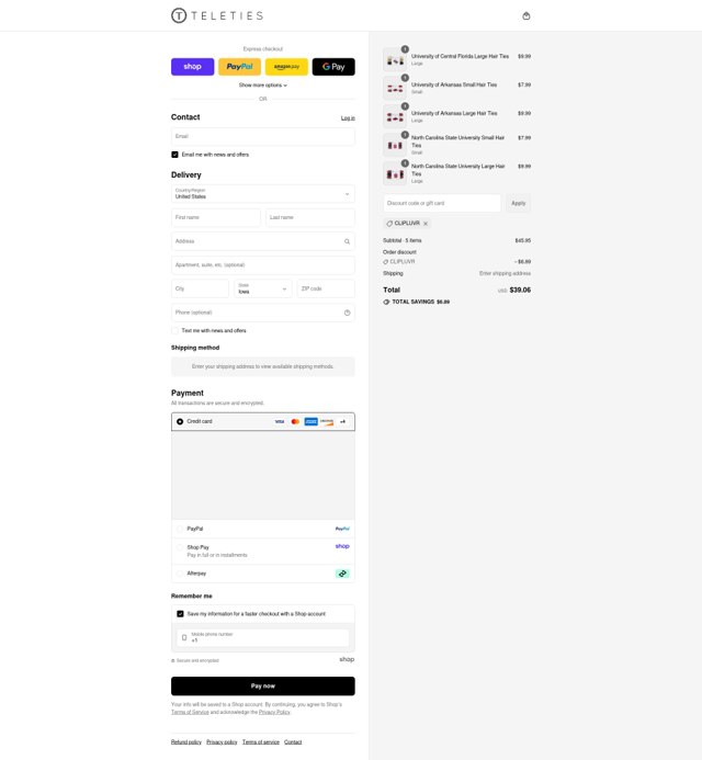 Teleties checkout page showing Teleties coupon code box | Screenshot taken by SimplyCodes community member on Aug 31, 2025
