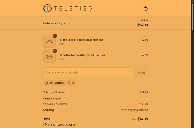 Teleties checkout page showing Teleties coupon code box | Screenshot taken by SimplyCodes community member on Sep 3, 2025
