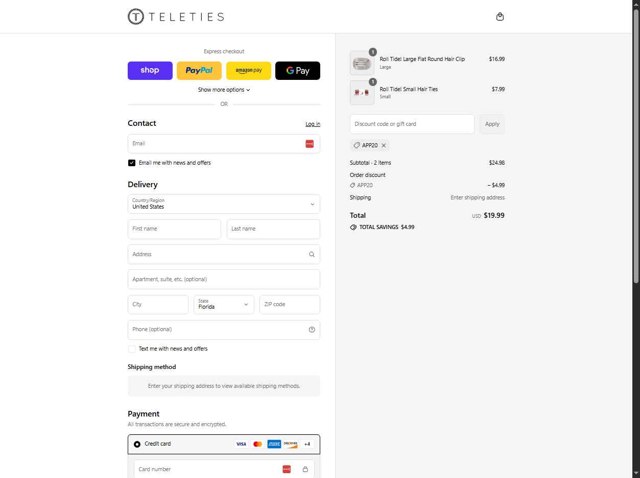 Teleties checkout page showing Teleties coupon code box | Screenshot taken by SimplyCodes community member on Sep 4, 2025
