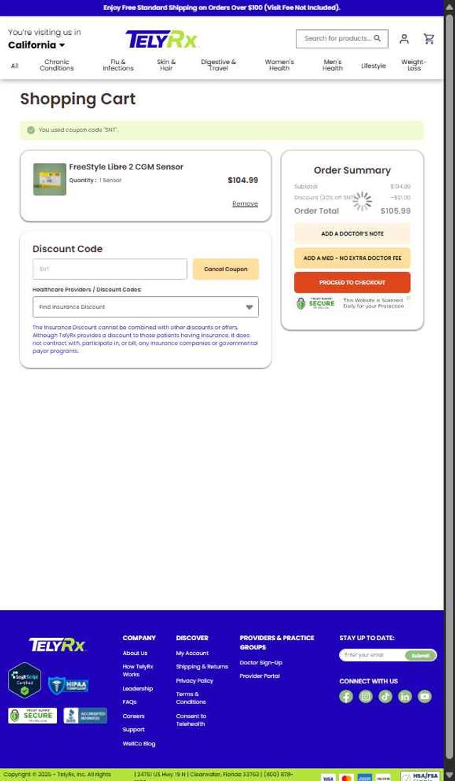 TelyRx checkout page showing TelyRx discount code box | Screenshot taken by SimplyCodes community member on Sep 7, 2025