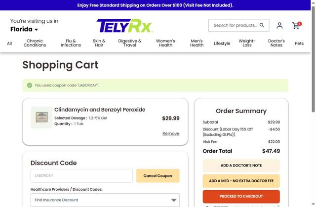 TelyRx checkout page showing TelyRx discount code box | Screenshot taken by SimplyCodes community member on Sep 7, 2025