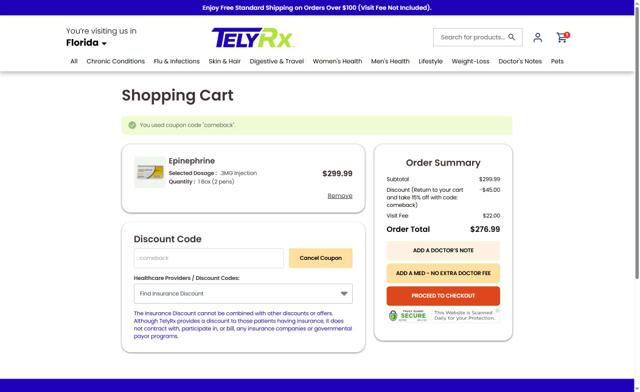 TelyRx checkout page showing TelyRx discount code box | Screenshot taken by SimplyCodes community member on Sep 7, 2025