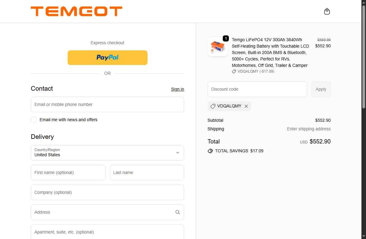 Temgot checkout page showing Temgot promo code box | Screenshot taken by SimplyCodes community member on Jan 27, 2026