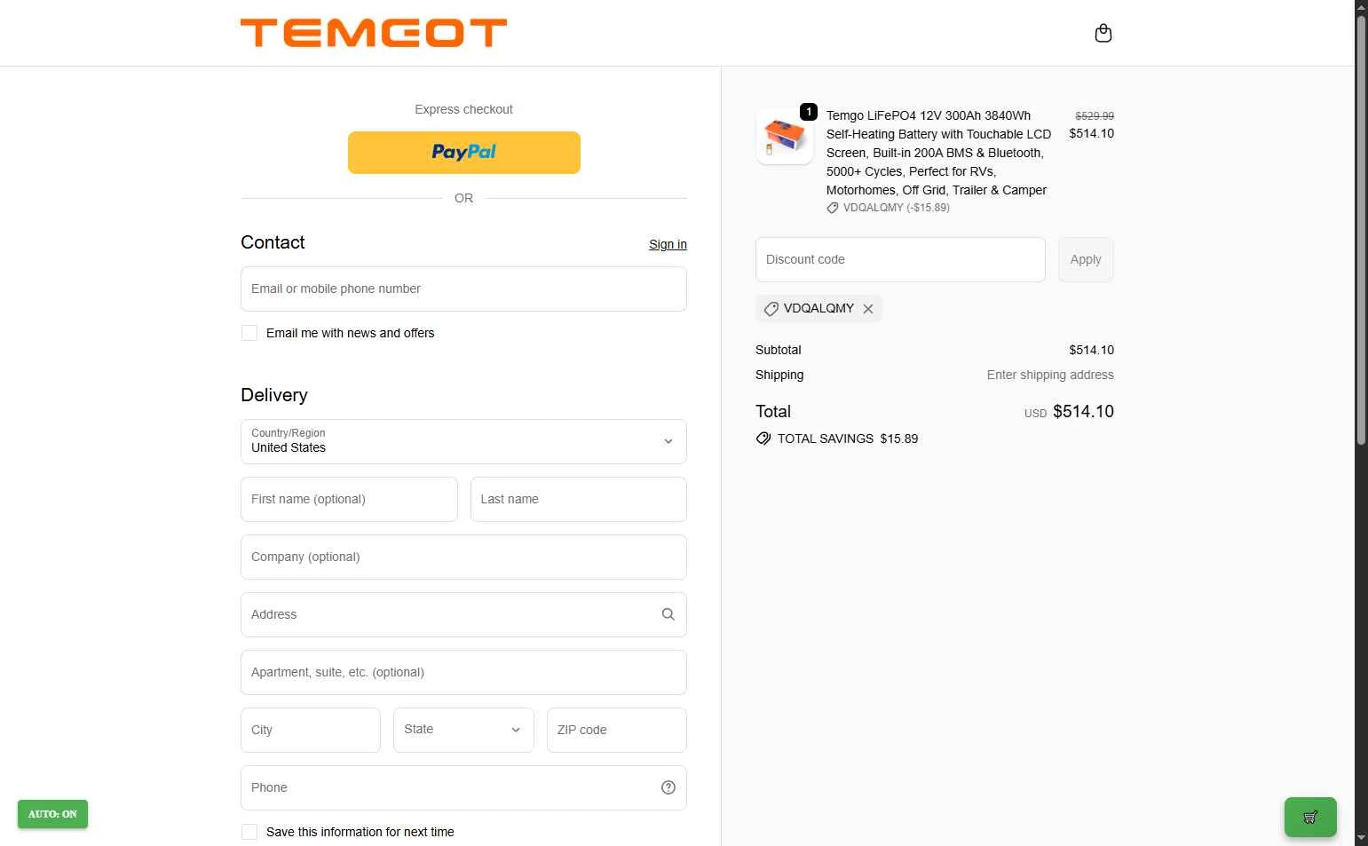 Temgot checkout page showing Temgot promo code box | Screenshot taken by SimplyCodes community member on Nov 30, 2025