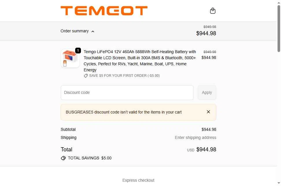 Temgot checkout page showing Temgot promo code box | Screenshot taken by SimplyCodes community member on Dec 29, 2025