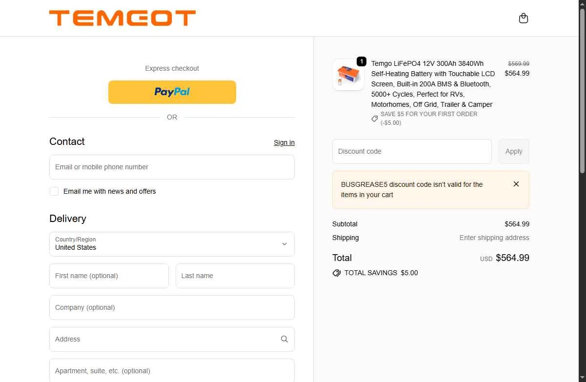 Temgot checkout page showing Temgot promo code box | Screenshot taken by SimplyCodes community member on Jan 27, 2026