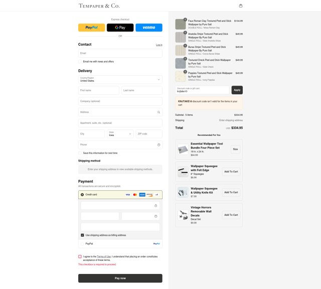 Tempaper checkout page showing Tempaper discount code box | Screenshot taken by SimplyCodes community member on Aug 21, 2025