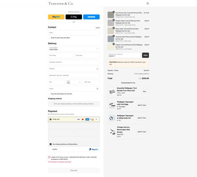 Tempaper checkout page showing Tempaper discount code box | Screenshot taken by SimplyCodes community member on Aug 3, 2025