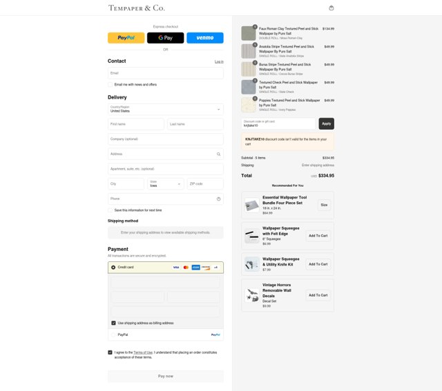 Tempaper checkout page showing Tempaper discount code box | Screenshot taken by SimplyCodes community member on Aug 29, 2025