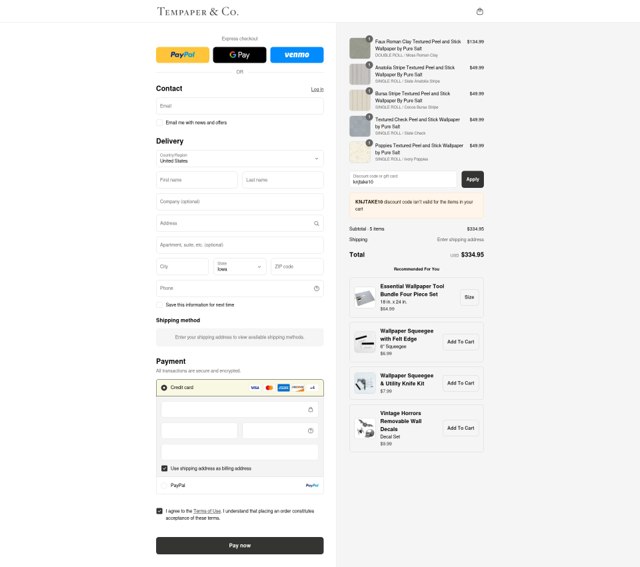 Tempaper checkout page showing Tempaper discount code box | Screenshot taken by SimplyCodes community member on Sep 2, 2025