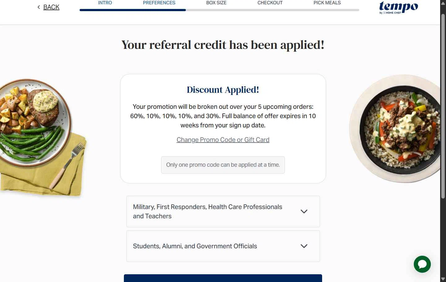 Tempo Meals checkout page showing Tempo Meals promo code box | Screenshot taken by SimplyCodes community member on Dec 9, 2025