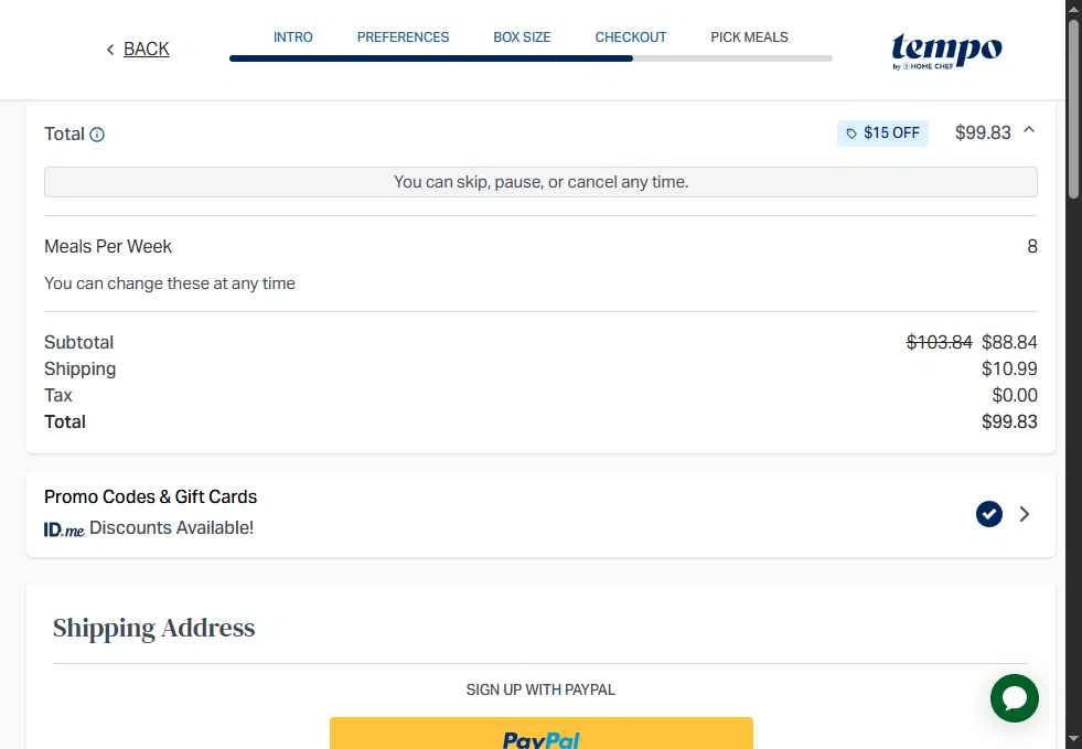 Tempo Meals checkout page showing Tempo Meals promo code box | Screenshot taken by SimplyCodes community member on Oct 27, 2025
