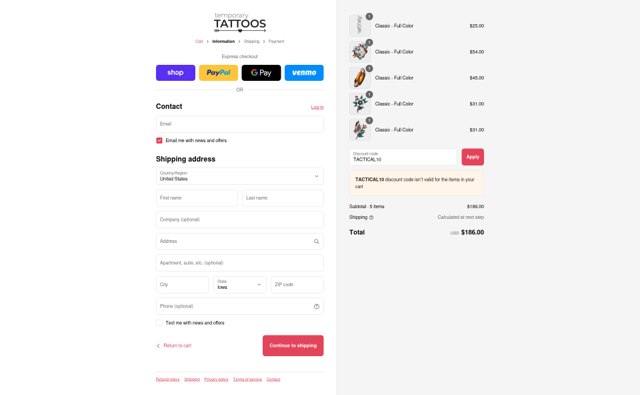 Temporary Tattoos checkout page showing Temporary Tattoos promo code box | Screenshot taken by SimplyCodes community member on Aug 31, 2025
