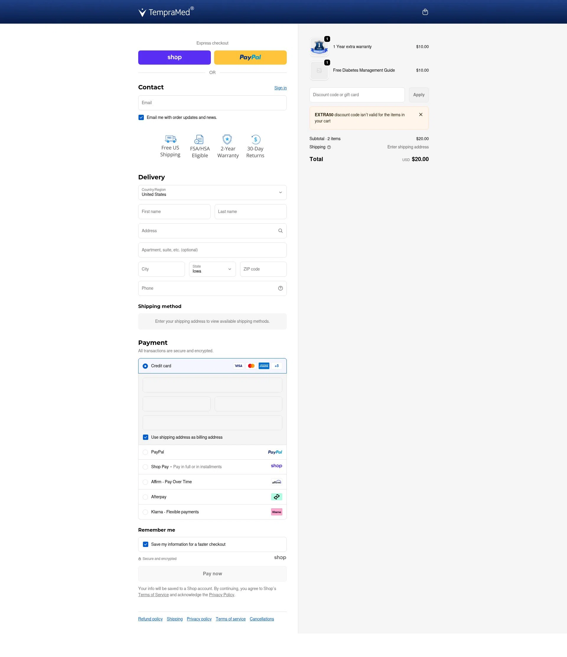 TempraMed checkout page showing TempraMed discount code box | Screenshot taken by SimplyCodes community member on Dec 17, 2025