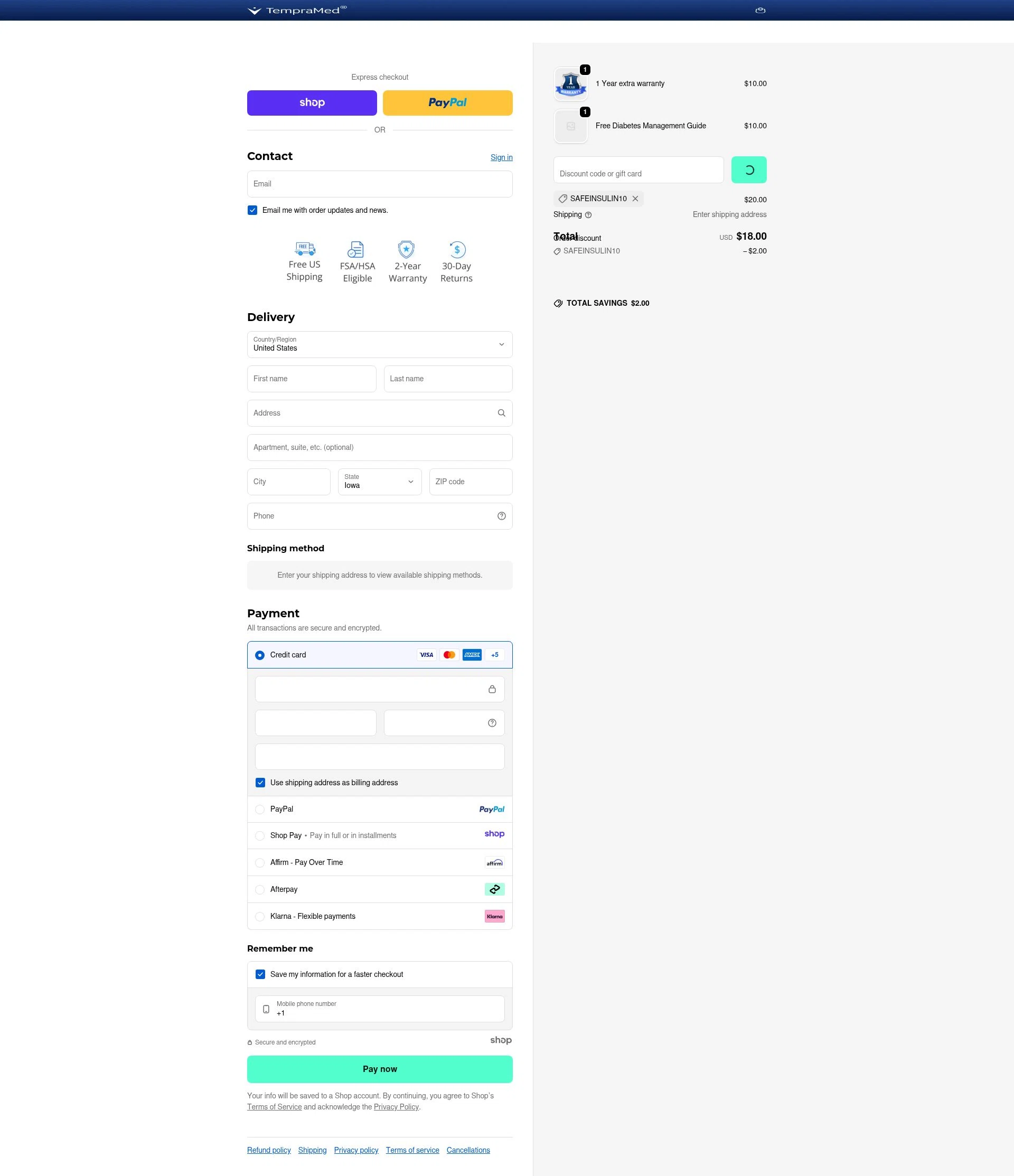 TempraMed checkout page showing TempraMed discount code box | Screenshot taken by SimplyCodes community member on Dec 17, 2025