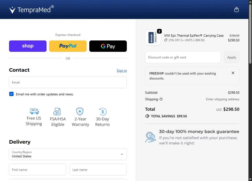 TempraMed checkout page showing TempraMed discount code box | Screenshot taken by SimplyCodes community member on Dec 24, 2025