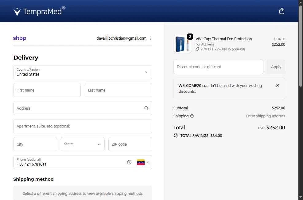 TempraMed checkout page showing TempraMed discount code box | Screenshot taken by SimplyCodes community member on Dec 17, 2025
