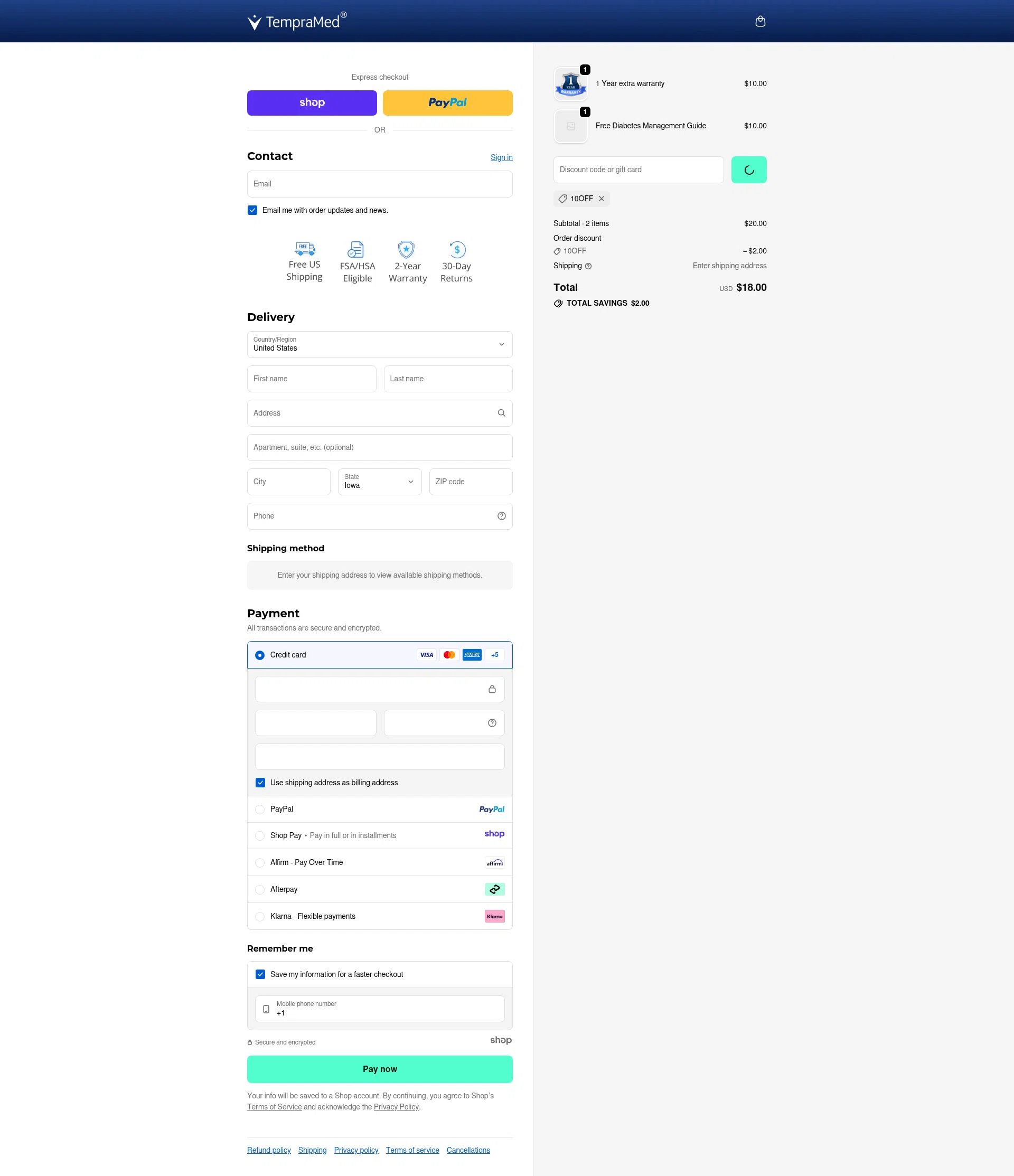TempraMed checkout page showing TempraMed discount code box | Screenshot taken by SimplyCodes community member on Dec 17, 2025