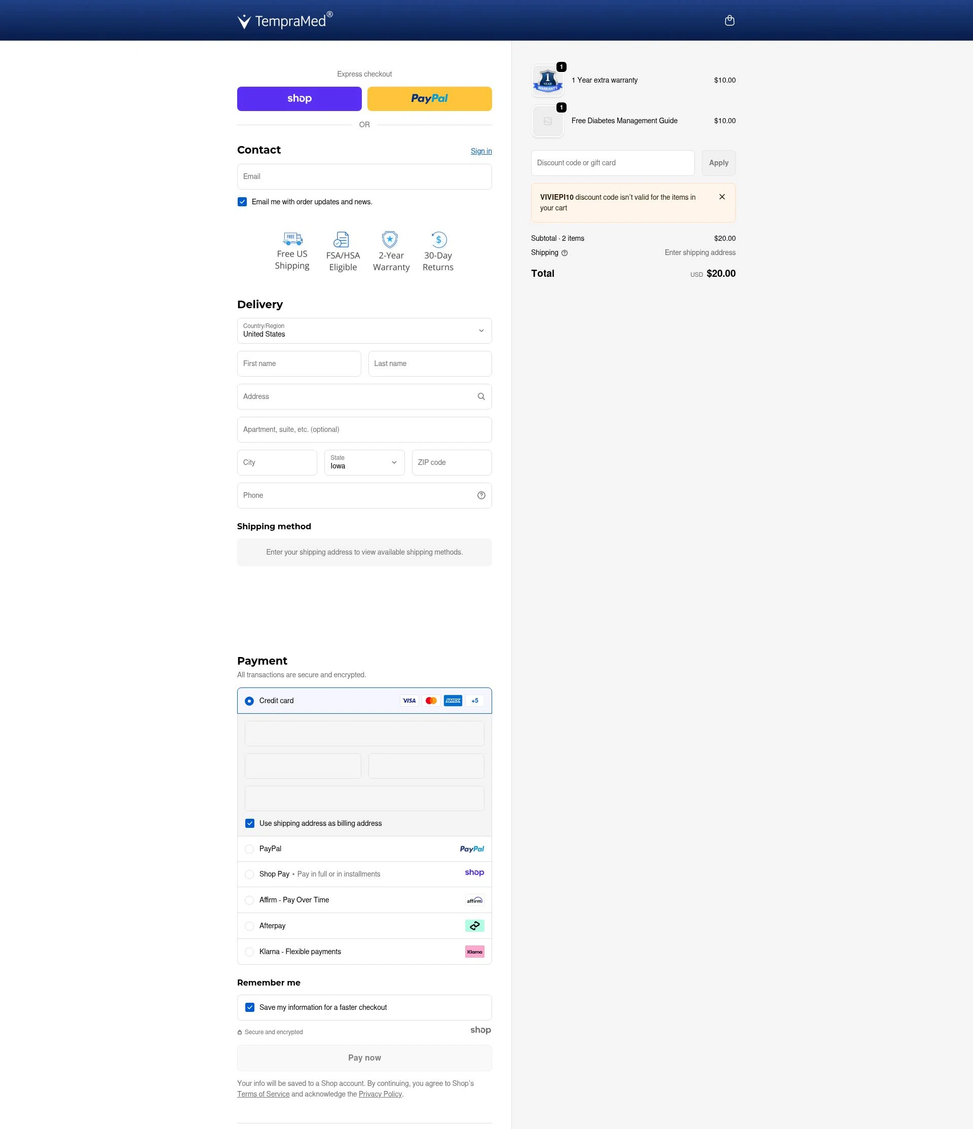 TempraMed checkout page showing TempraMed discount code box | Screenshot taken by SimplyCodes community member on Dec 17, 2025