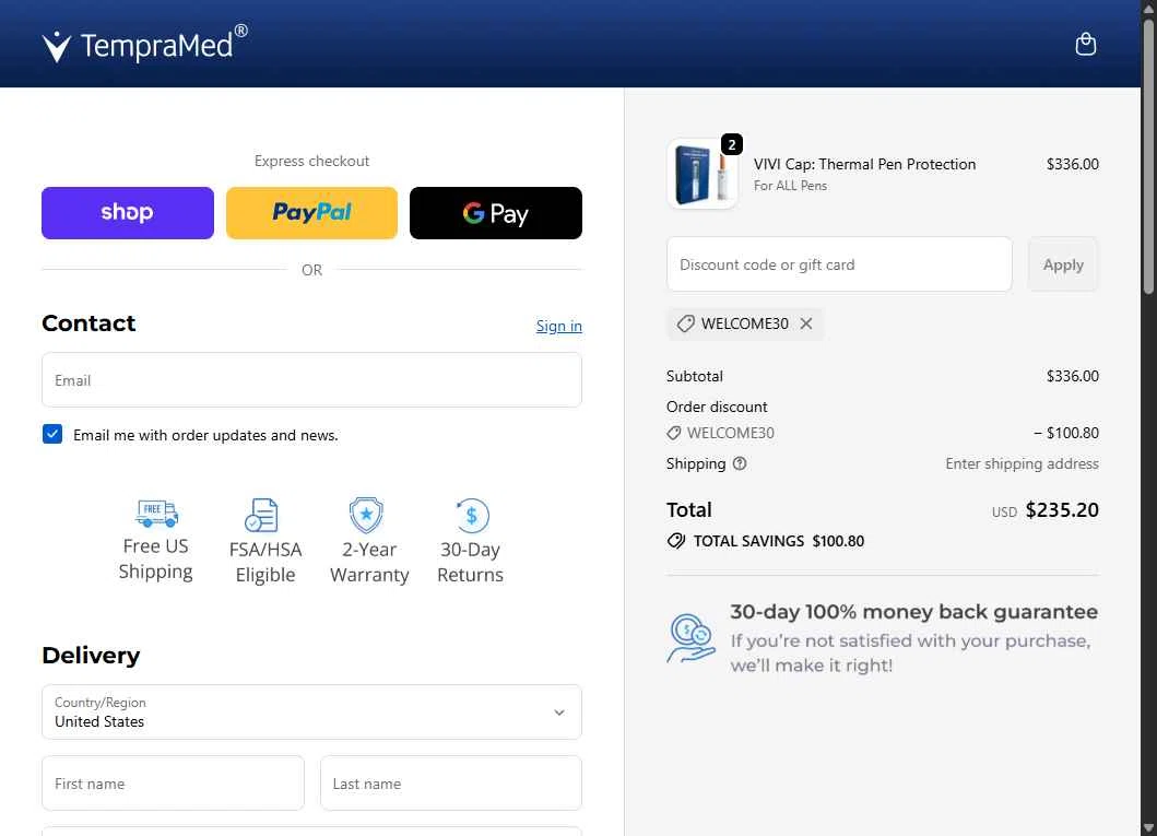 TempraMed checkout page showing TempraMed discount code box | Screenshot taken by SimplyCodes community member on Dec 29, 2025