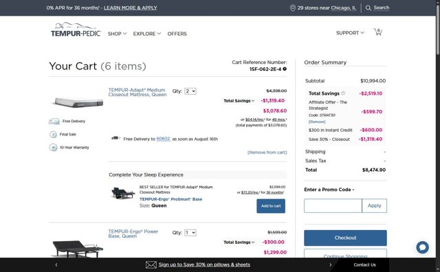 Tempur-Pedic checkout page showing Tempur-Pedic promo code box | Screenshot taken by SimplyCodes community member on Aug 4, 2025
