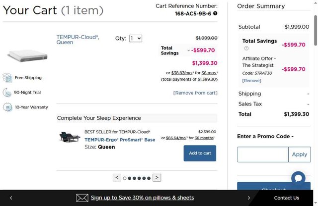 Tempur-Pedic checkout page showing Tempur-Pedic promo code box | Screenshot taken by SimplyCodes community member on Sep 1, 2025