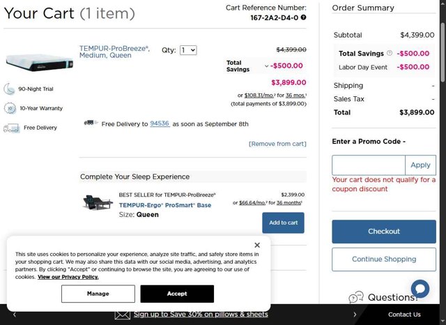 Tempur-Pedic checkout page showing Tempur-Pedic promo code box | Screenshot taken by SimplyCodes community member on Aug 29, 2025