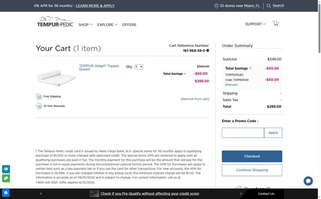 Tempur-Pedic checkout page showing Tempur-Pedic promo code box | Screenshot taken by SimplyCodes community member on Aug 15, 2025