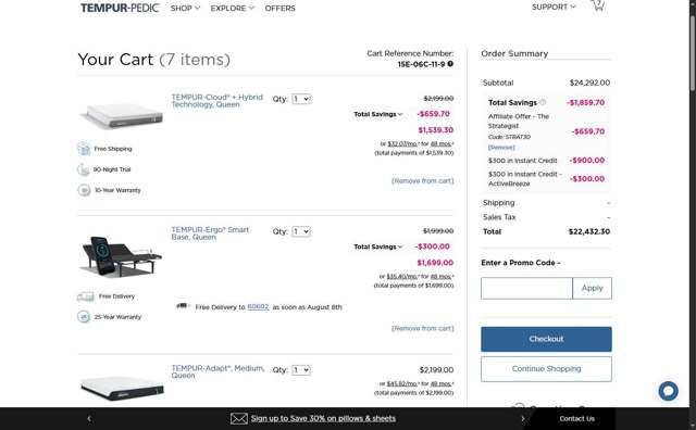 Tempur-Pedic checkout page showing Tempur-Pedic promo code box | Screenshot taken by SimplyCodes community member on Jul 27, 2025