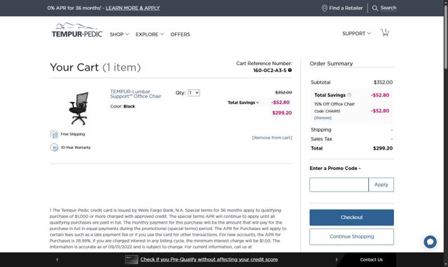 Tempur-Pedic checkout page showing Tempur-Pedic promo code box | Screenshot taken by SimplyCodes community member on Aug 12, 2025