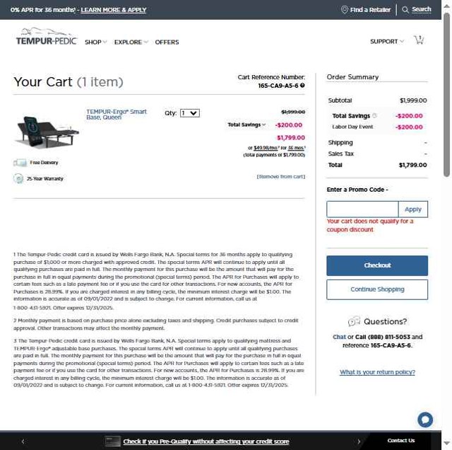 Tempur-Pedic checkout page showing Tempur-Pedic promo code box | Screenshot taken by SimplyCodes community member on Aug 25, 2025