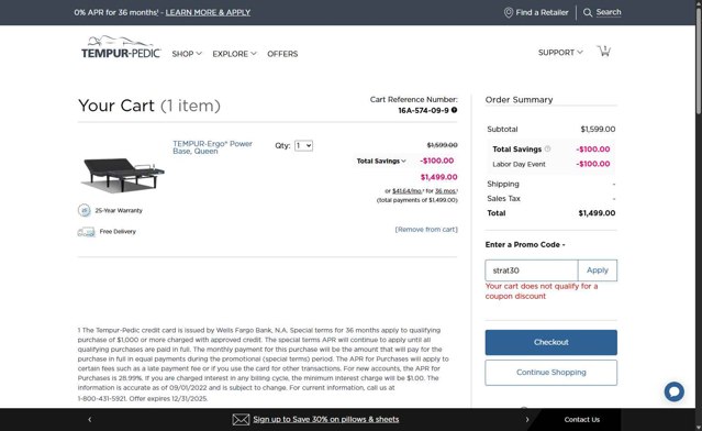 Tempur-Pedic checkout page showing Tempur-Pedic promo code box | Screenshot taken by SimplyCodes community member on Sep 4, 2025