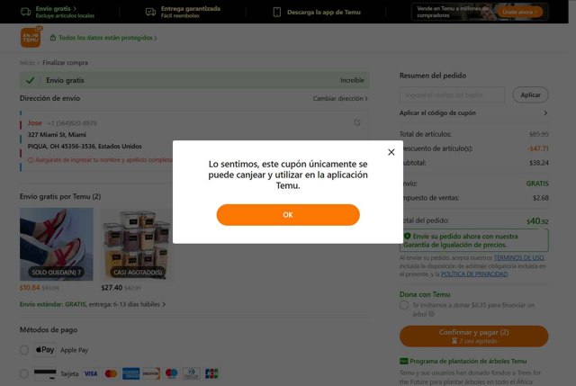 Temu checkout page showing Temu coupon code box | Screenshot taken by SimplyCodes community member on Aug 26, 2025