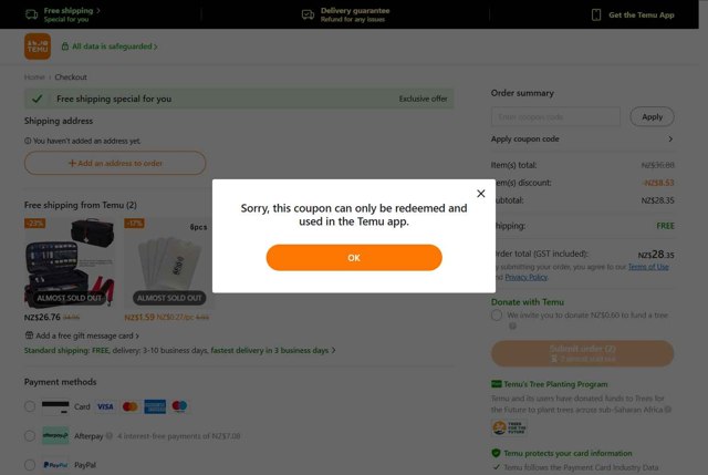 Temu checkout page showing Temu coupon code box | Screenshot taken by SimplyCodes community member on Aug 24, 2025