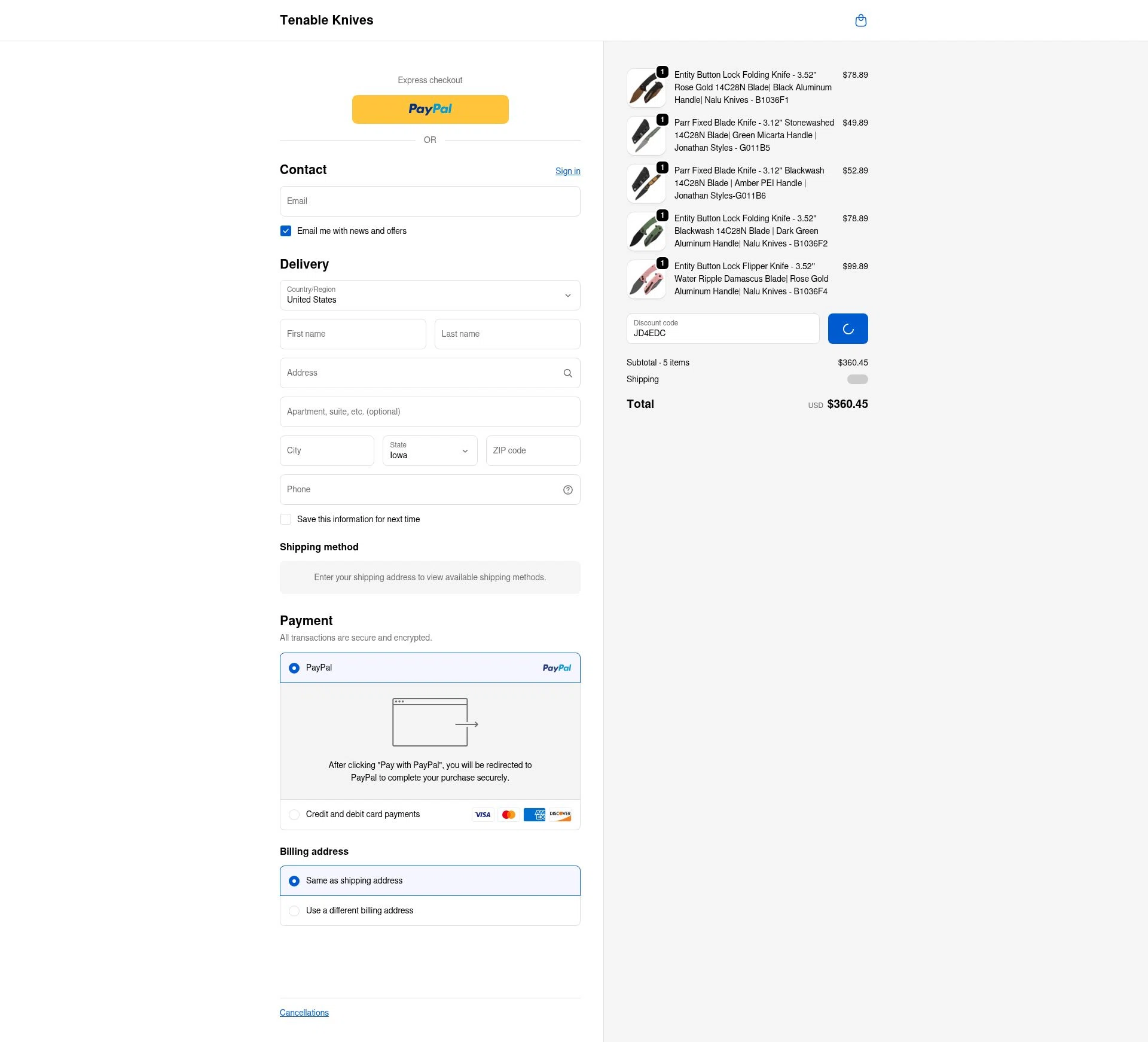 Tenable Knives checkout page showing Tenable Knives discount code box | Screenshot taken by SimplyCodes community member on Jan 10, 2026
