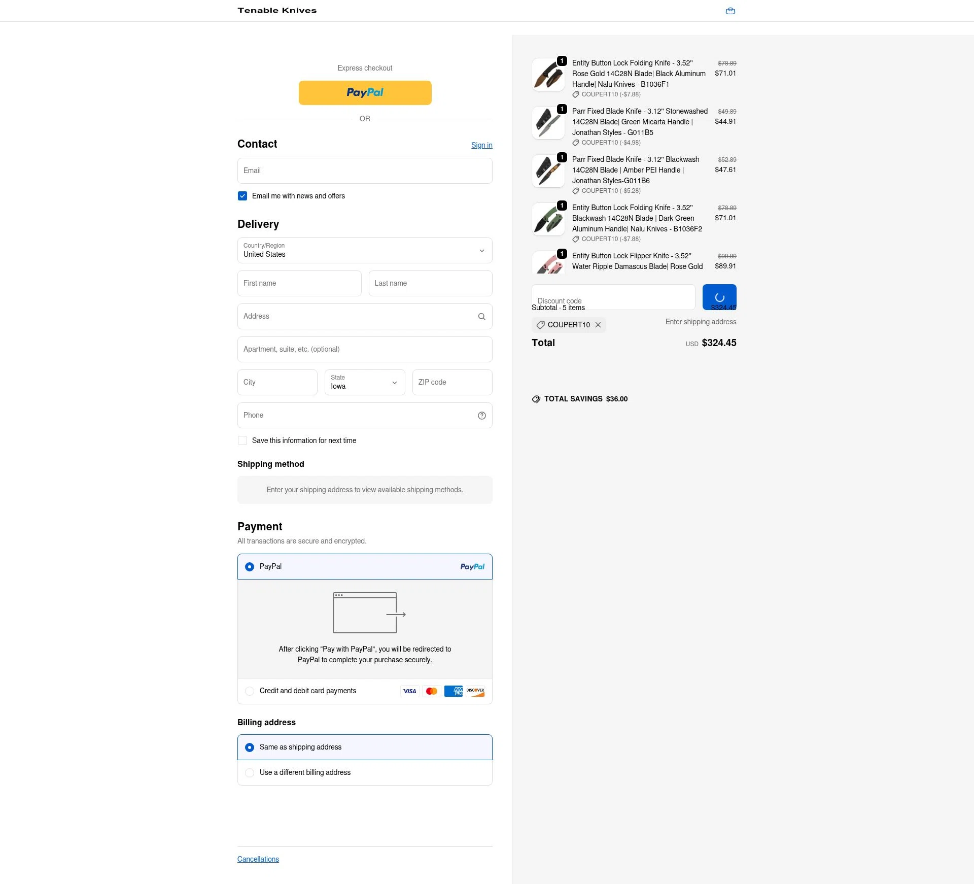 Tenable Knives checkout page showing Tenable Knives discount code box | Screenshot taken by SimplyCodes community member on Jan 10, 2026