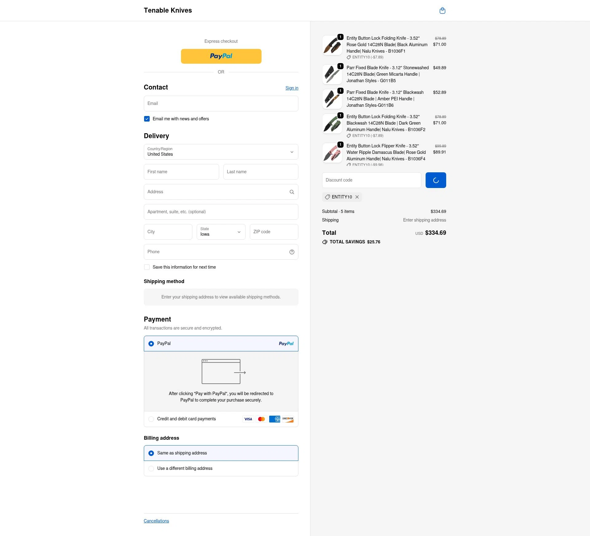 Tenable Knives checkout page showing Tenable Knives discount code box | Screenshot taken by SimplyCodes community member on Jan 10, 2026