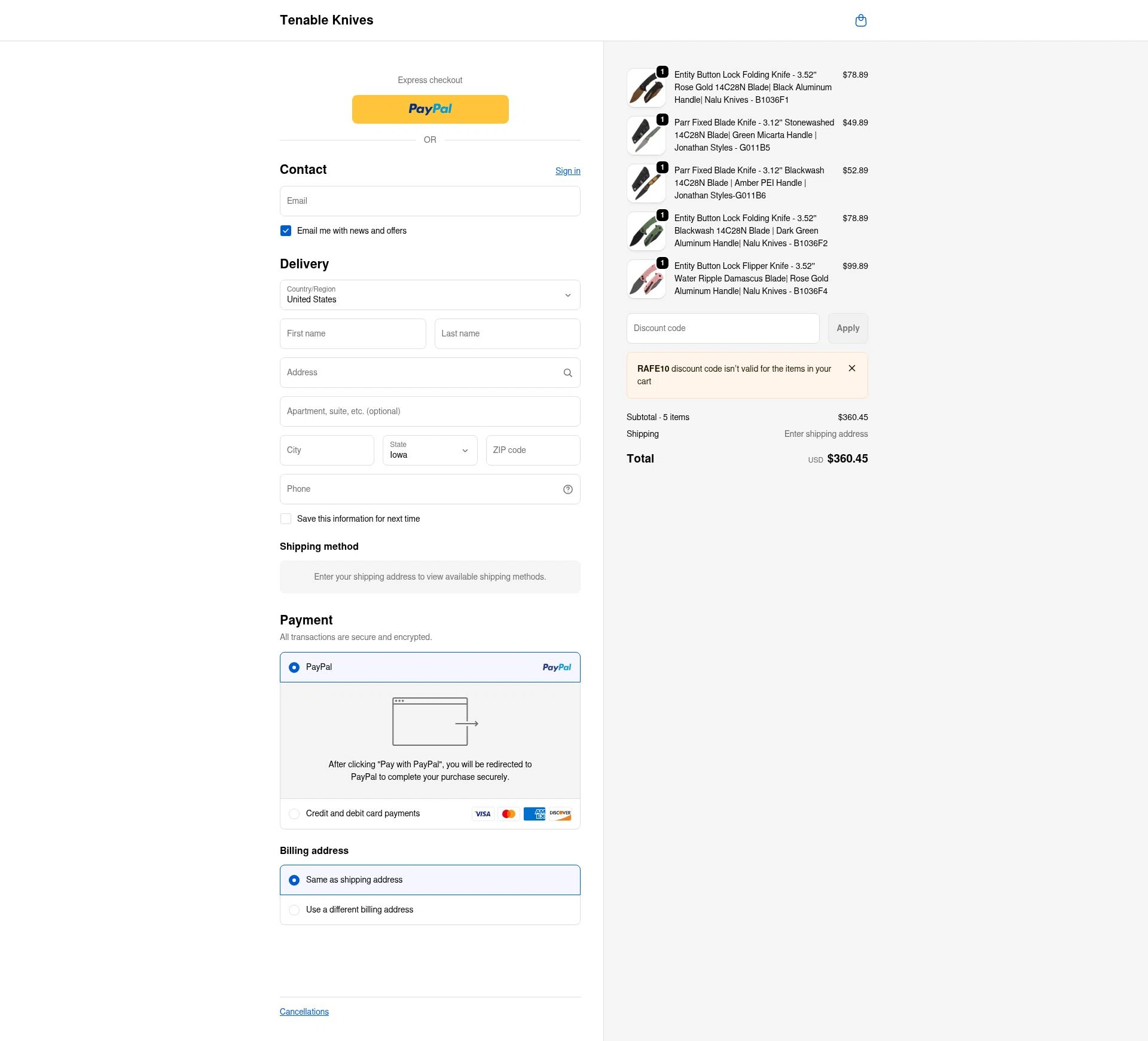 Tenable Knives checkout page showing Tenable Knives discount code box | Screenshot taken by SimplyCodes community member on Jan 10, 2026